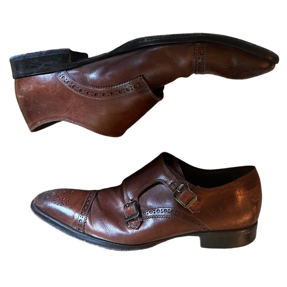 Vero Cuoio Brown Leather Double Monk Strap Brogue Shoes Men's 10.5